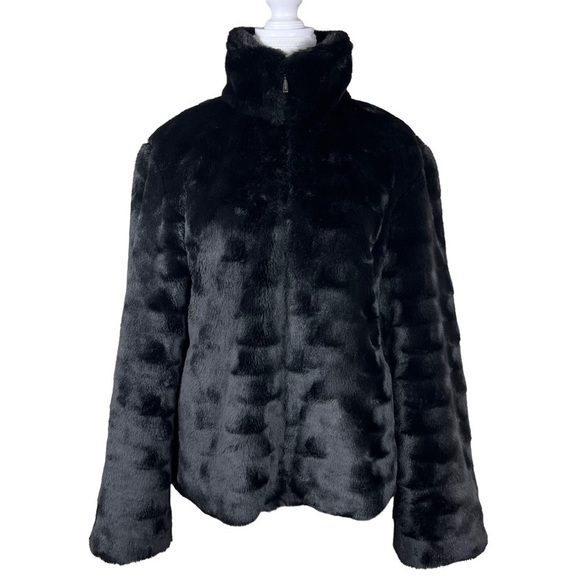 Liz Claiborne Faux Fur Black Collared Full Zip Jacket Pockets Size Small - Picture 1 of 9